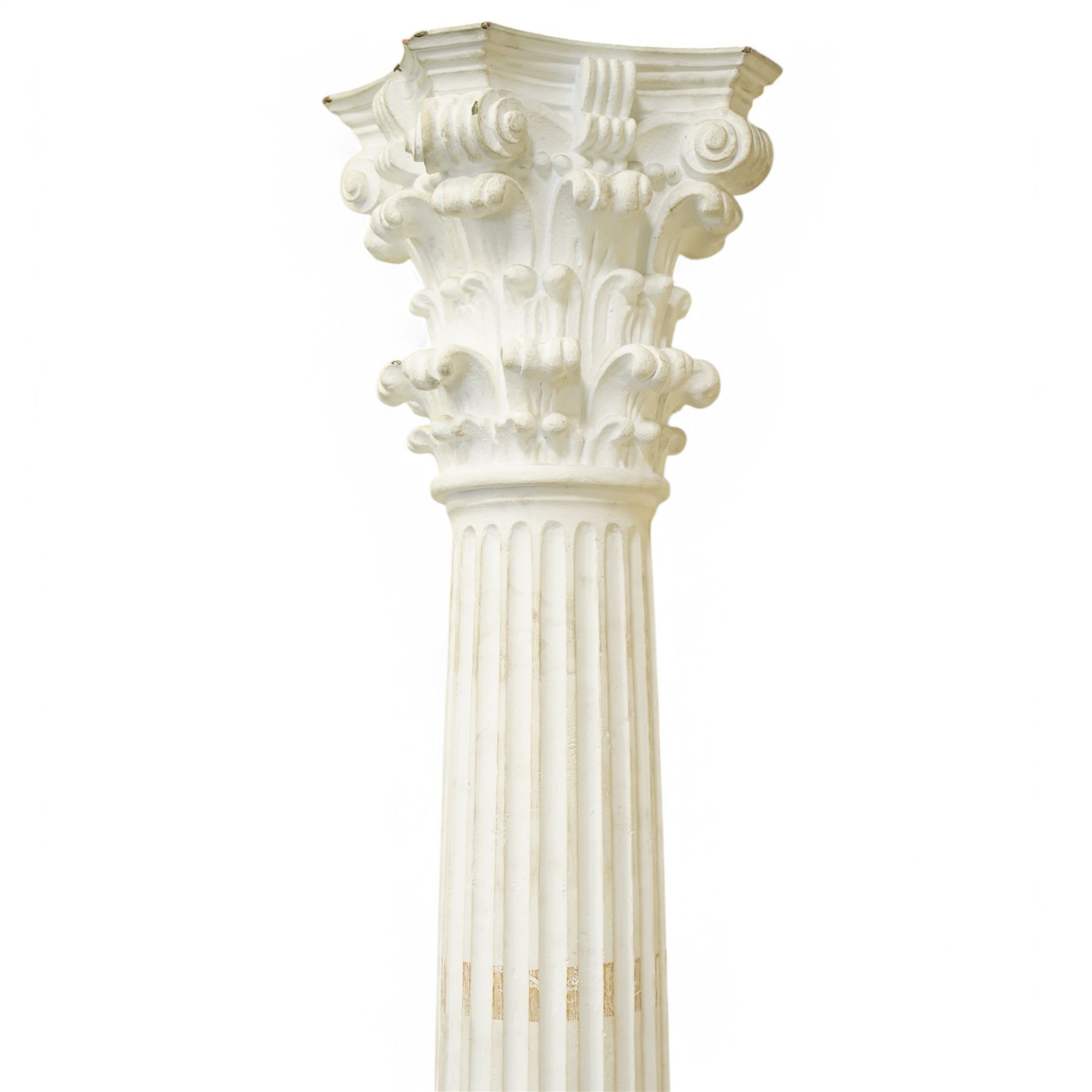 Pair of cast composite Corinthian architectural columns, the Corinthian capital decorated with scrolls and curled acanthus leaves, bulbous fluted shaft on moulded foot and square base 