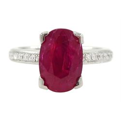 18ct white gold oval cut ruby ring, with channel set diamond shoulders, hallmarked, ruby approx 2.75 carat