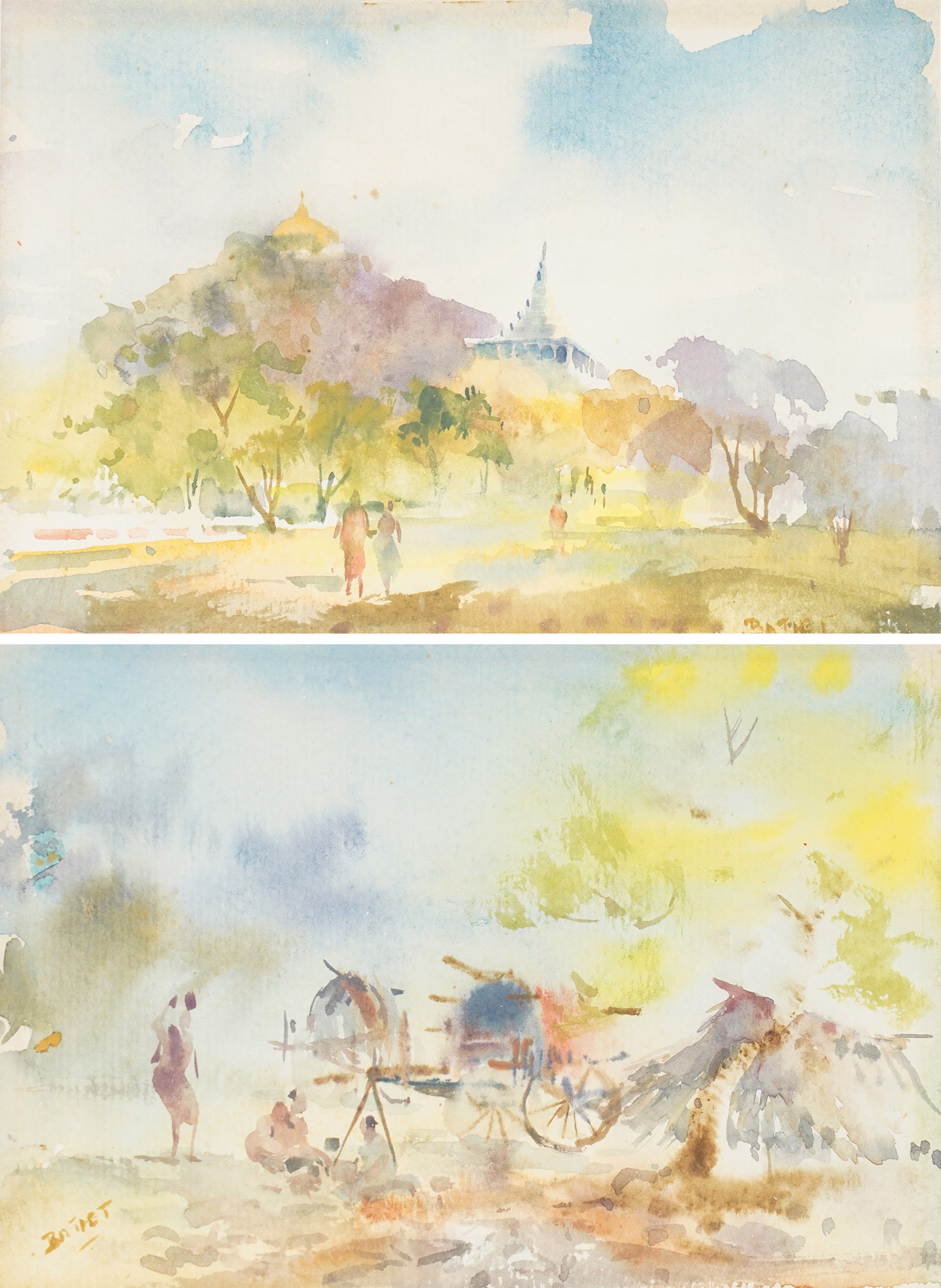 U Ba Thet (Burmese 1903-1972): View of Shwedagon Pagoda and Burmese Bullock Carts, pair of watercolours signed, 13cm x 19cm, 13.3cm x 19cm (2)
