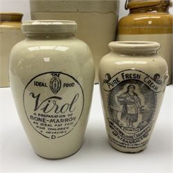Large 2 gallon stoneware flagon, stamped 'John Soulby Wine Merchant Malton 2 Gall', together with a collection of similar stoneware jars and bottles, largest H40.5cm