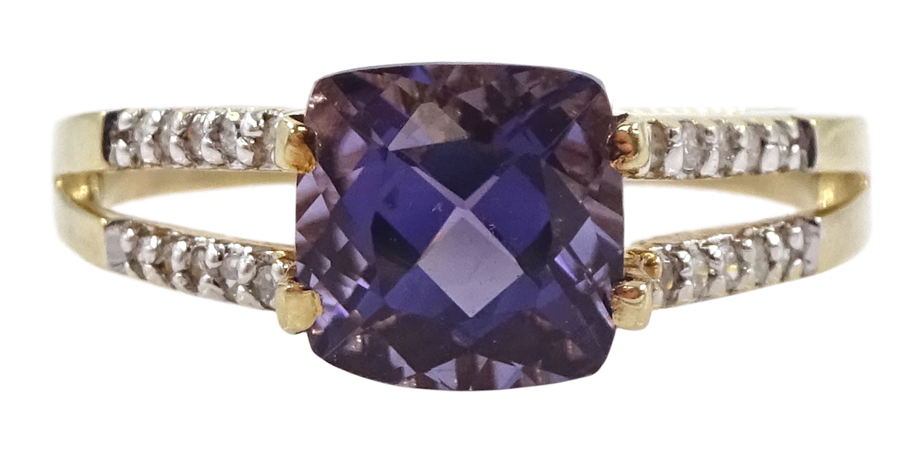 9ct gold single stone cushion cut amethyst ring, with diamond set shoulders, hallmarked
