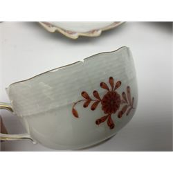 Herend Chinese Bouquet Rose pattern tea service comprising teapot, coffee pot, open sucrier, six cups and saucers, six tea plates, cream jug and stand, milk jug, two teabag holders, preserve pot, two leaf shaped dishes, four egg cups, salt & pepper pots, pair side plates and another plate