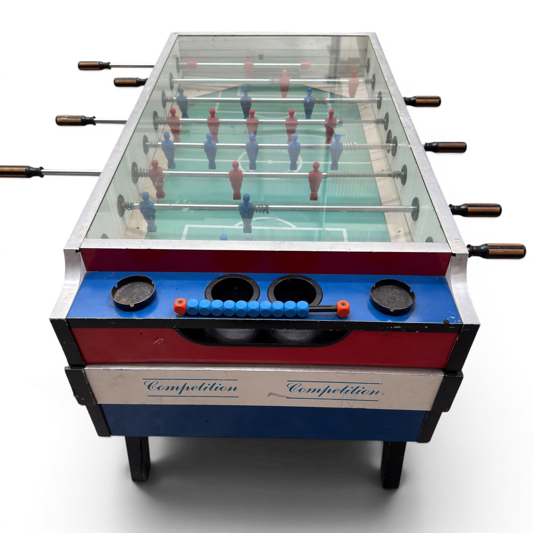 Garlando - vintage coin operated table football, tempered glass top, in red blue and white painted finish with 'Competition'  stencils, complete with ashtrays and score-trackers