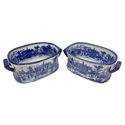 Pair of Victorian style, blue and white footbaths, H14cm, L37cm