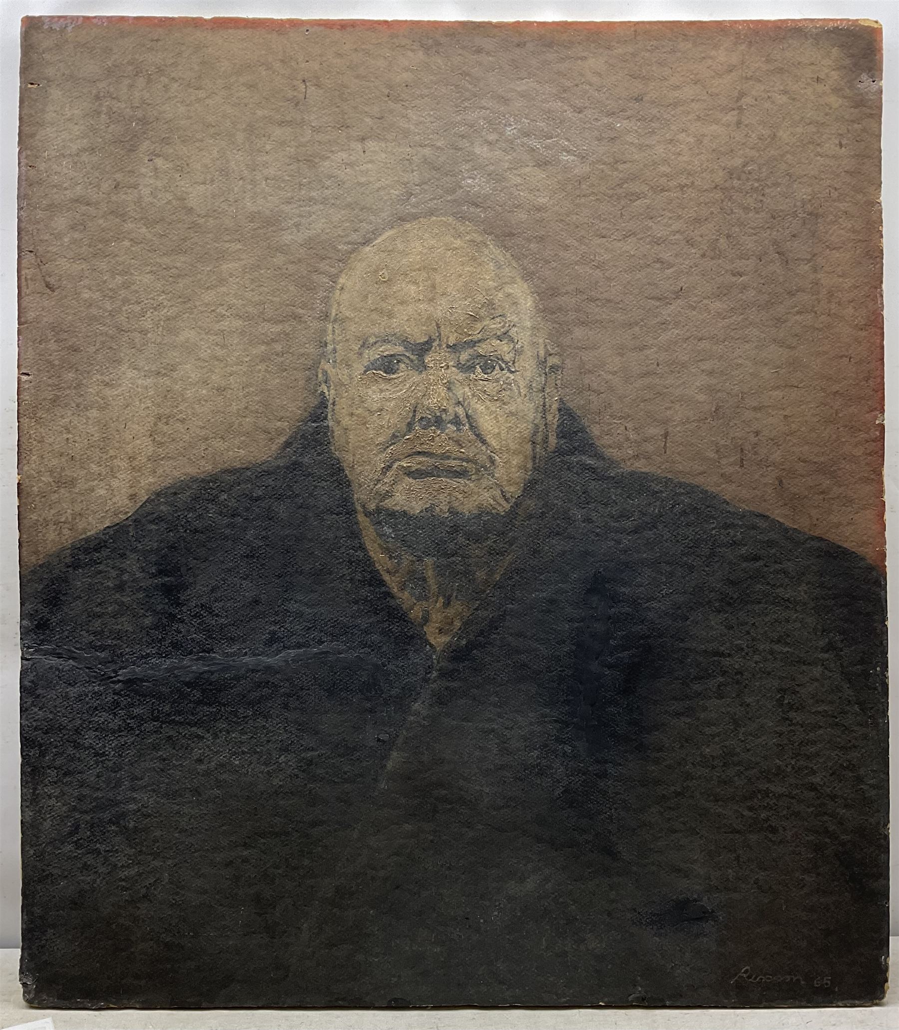 Patrick Rixson (Welsh 1940-1974): Winston Churchill, oil on canvas signed and dated 1965, 106cm x 93cm (fire damaged) (unframed)