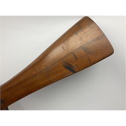 British World War II era laminated wooden four-bladed generator propeller, late 1930s-40s, used to power a drogue winch used by a target tug aircraft; marked with DRG drawing number T29505-2-4 N760 on the hub and impressed circle mark 'P.M.P.W. 1'; light weight four plank mahogany laminate with 9.5cm diameter metal plates mounted to front and rear faces of hub for 15mm shaft; one plate marked T29504-2/198 D91cm; together with a modern reproduction brass edged mahogany two-blade propellor L