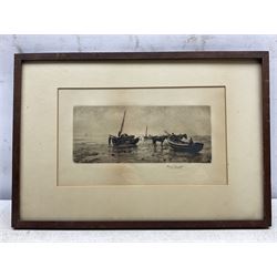 Thomas Barrett (Staithes Group 1845-1924): 'Pilchard Boats', drypoint etching signed in pencil 10cm x 26cm; together with a letter from the artist gifting the print to his student Mabel Annie Levy (1884-1967).
