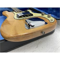 1962 Fender Precision bass guitar; re-finished in natural alder in the 1970s; impressed date code 5NOV62C to end of neck and serial no.90537 to back plate; L115.5cm; in replacement hard carrying case