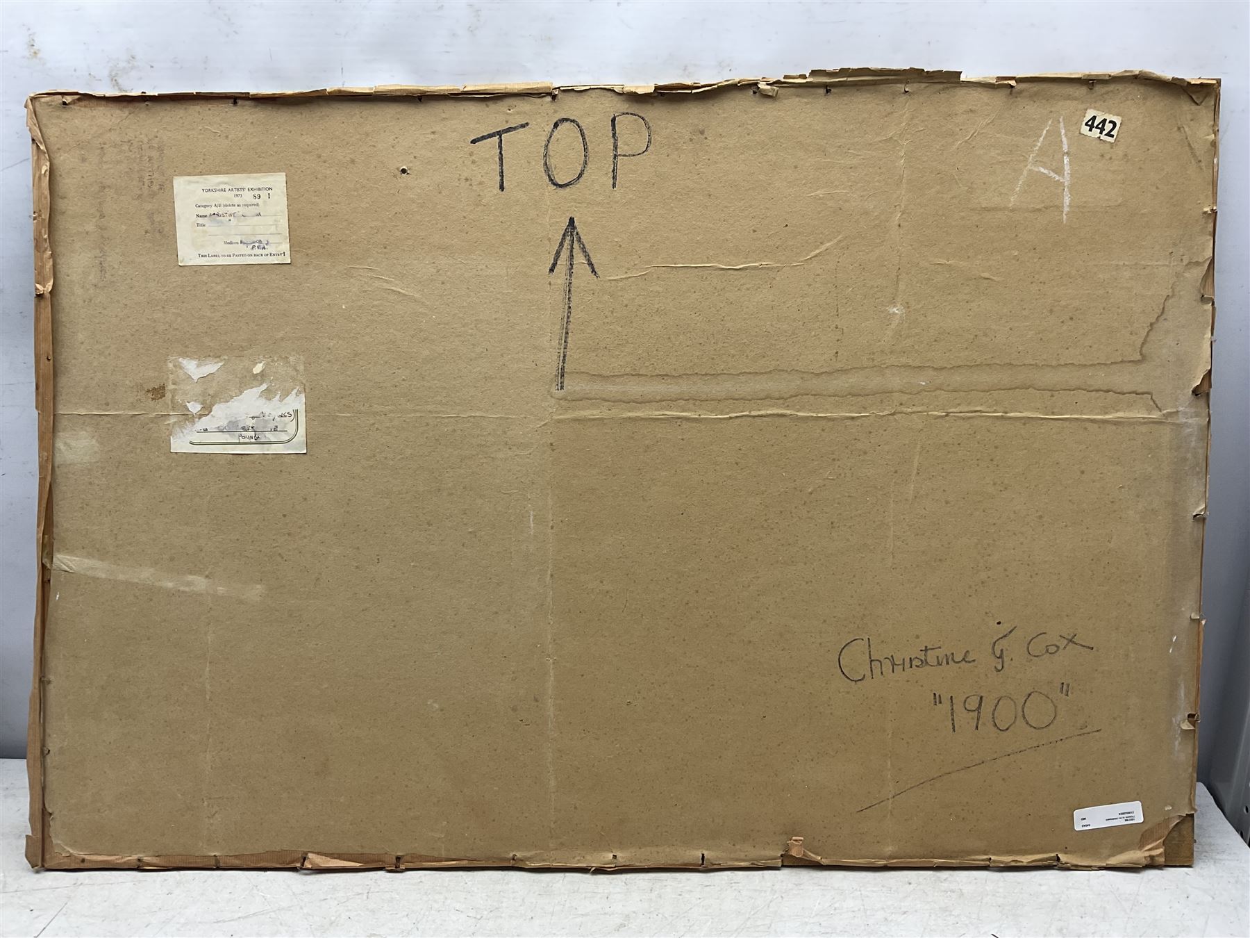 Christine Gloria Cox (Scarborough 1942-2014): '1900', collage of acrylic panels signed and titled with Yorkshire Artists Exhibition label verso 61cm x 92cm (unframed)