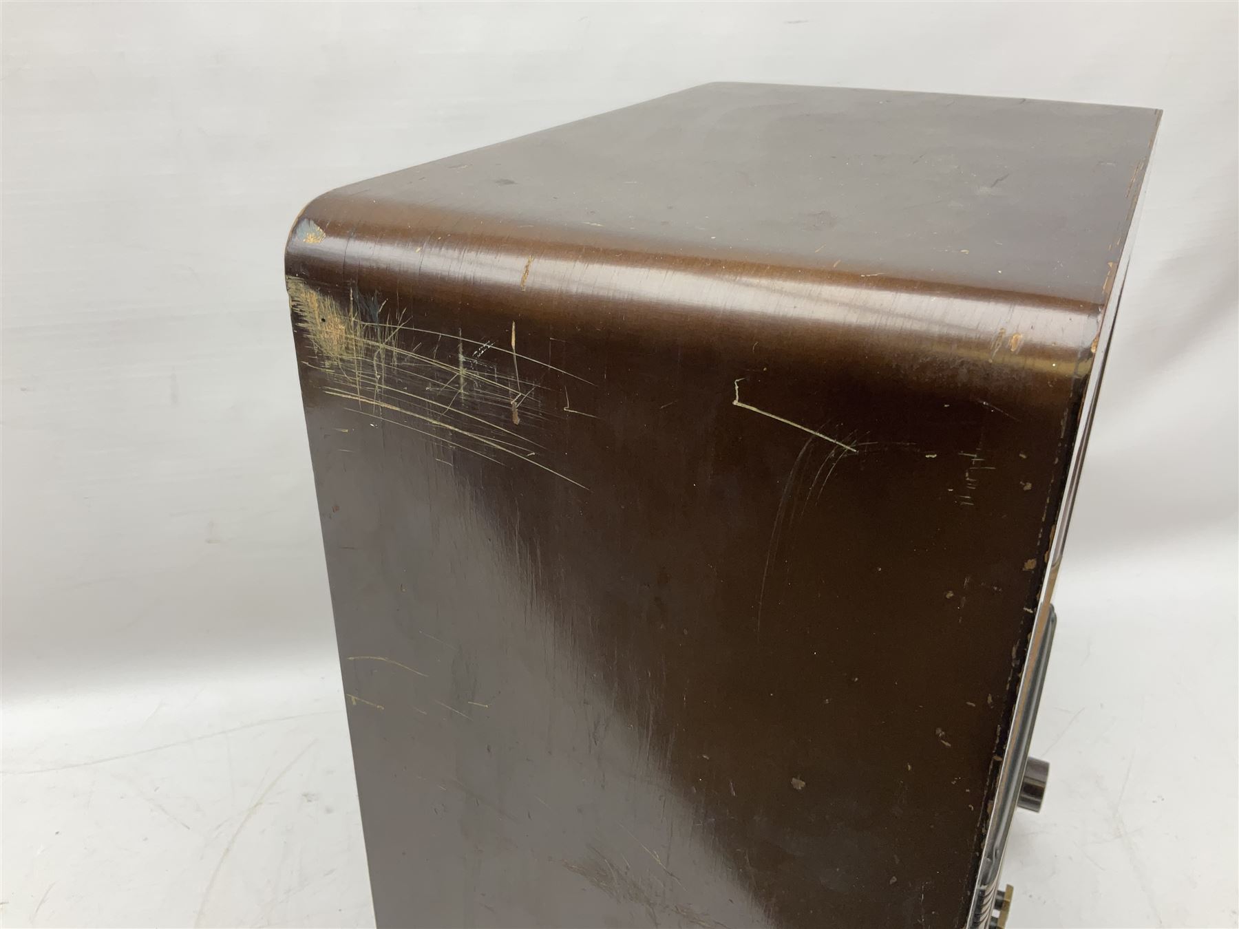 1930s Marconi model 296 valve radio, with Bakelite knobs and trim and 'M' over speaker fret, H40cm W46cm D27cm, together with 1930s Ferguson 702 valve radio with Bakelite knobs, H47cm