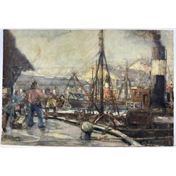William J Mann (Scarborough mid 20th century): Steam Trawlers by the Fish Quay Scarborough, watercolour signed and dated '49, with a study of shipping verso 30cm x 45cm
Notes: Mann was a member of the Fylingdales Group of Artists and lived in Newby, Scarborough.