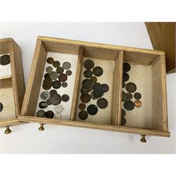 Three drawer collectors cabinet with fall front containing various Great British and World coins including GB pre-decimal coins, King George III 1806 penny, cartwheel pennies etc