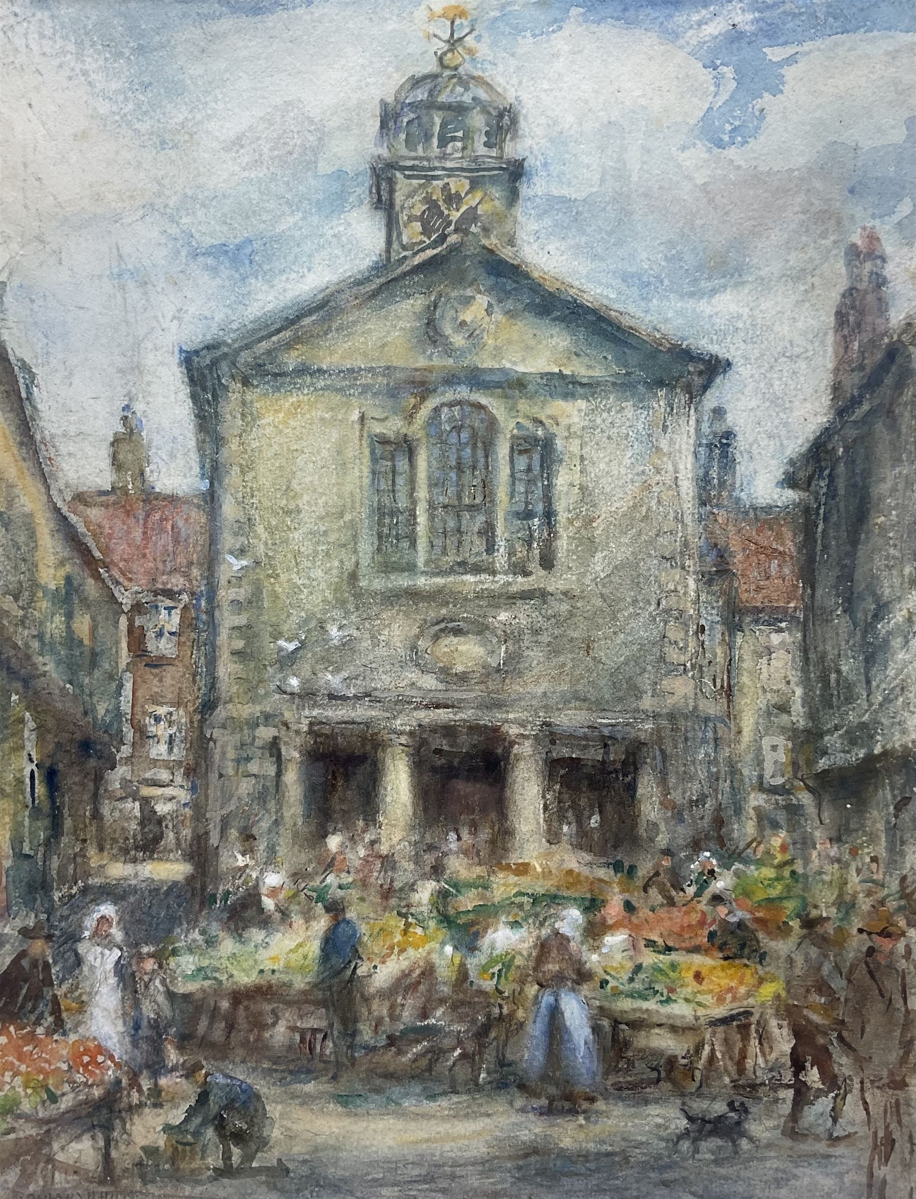 Rowland Henry Hill (Staithes Group 1873-1952): Market at the Old Town Hall Whitby, watercolour and pastel signed 31cm x 24cm