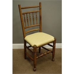  Set of eight (6+2) country style ash dining chairs, spindle backs, turned supports and stretchers, upholstered seats  