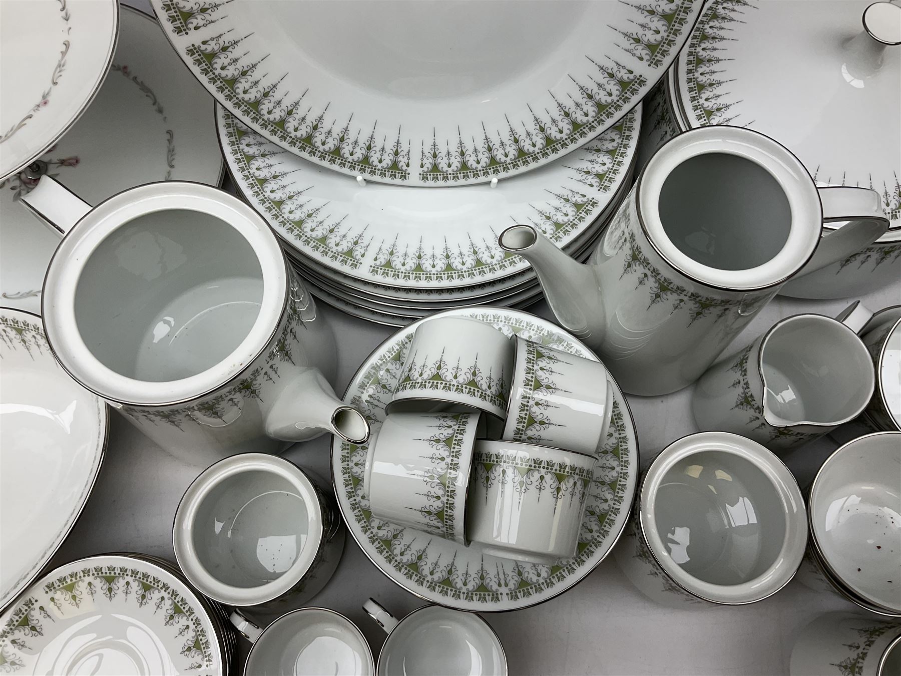 Noritake Kambrook pattern tea and dinner service for six, to include twin handled lidded tureen, lidded sucrier, teapot and coffee pot, six teacups and saucers, six dinner plates etc, together with a Noritake cake stand, all with printed marks beneath