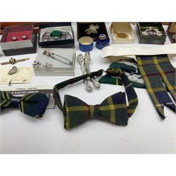 Silver pendant in the form of a cross, on silver chain, each stamped 925, ring stamped silver, together with a selection of assorted costume jewellery and accessories, including Scottish related brooches, and belt buckles, cufflinks, pocket watches, two modern sgian dubhs, various tartan ties, leather belts, two leather cases, etc. 