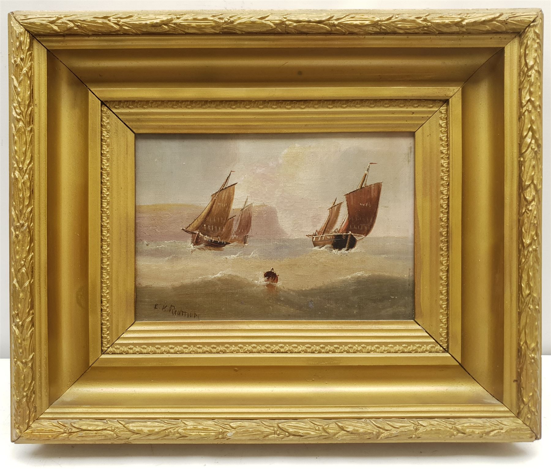 Edward King Redmore (British 1860-1941): Whitby Boats passing a Buoy, oil on canvas signed 16cm x 24cm; Low Tide and Yarmouth Sailing Boat, pair oils on Royal Doulton soup plates signed 19cm diameter (3)