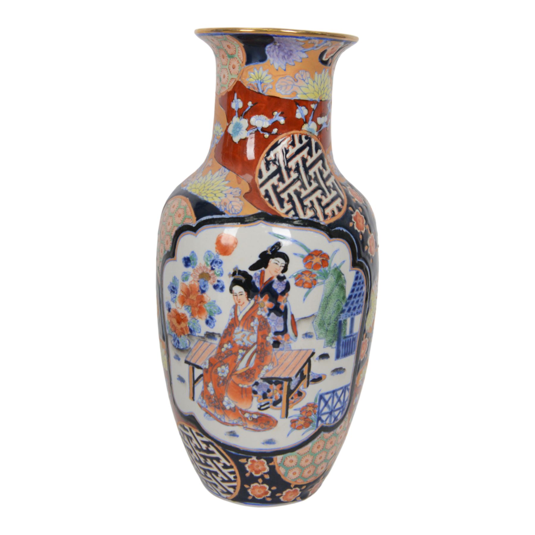 Pair of Japaneses imari vases, the central panel, decorated with figures in a landscape, together with famille rose vase, largest H37cm  