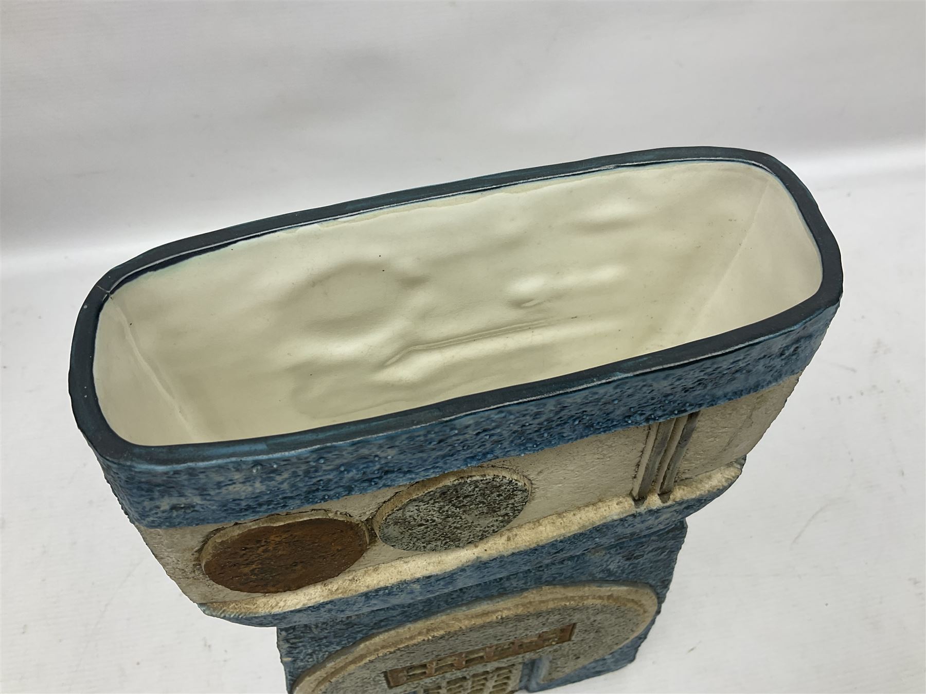 Large Troika double base vase, decorated with geometric design upon a blue ground, designed by Annette Walters, with painted marks beneath, H36cm  