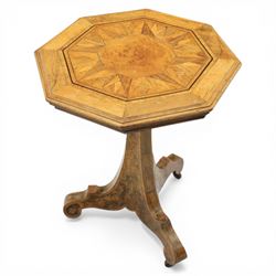 Late Victorian walnut and marquetry occasional table, the octagonal top with moulded edge centred with burr walnut panel within radiating starburst parquetry and line inlaid borders, raised upon a tapering column support with three shaped down swept legs terminating in scroll feet