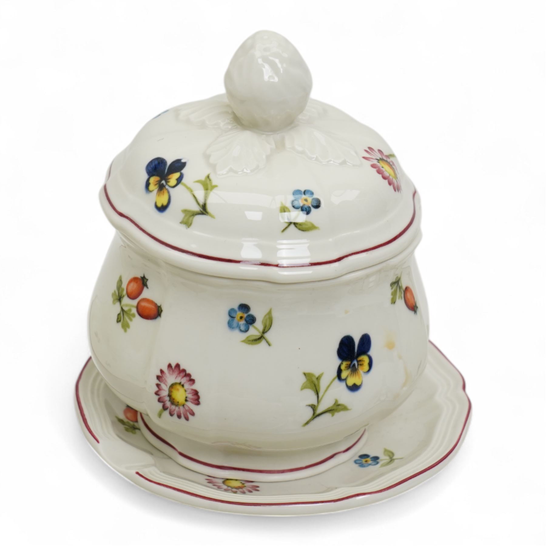 Villeroy & Boch Petite Fleur pattern part tea service comprising seven cups, ten saucers, ten plates, sugar bowl and cover, milk jug, saucer dish and rectangular plate