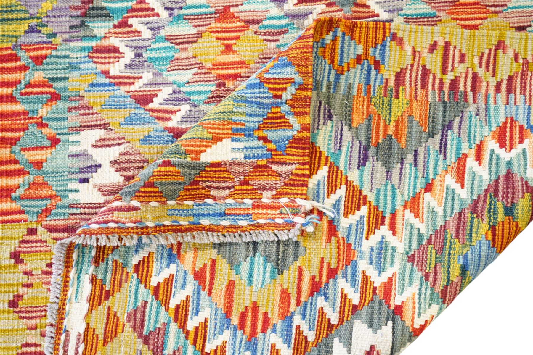 Chobi Kilim multi-coloured ground rug, stepped lozenges enclosed by hooked border 