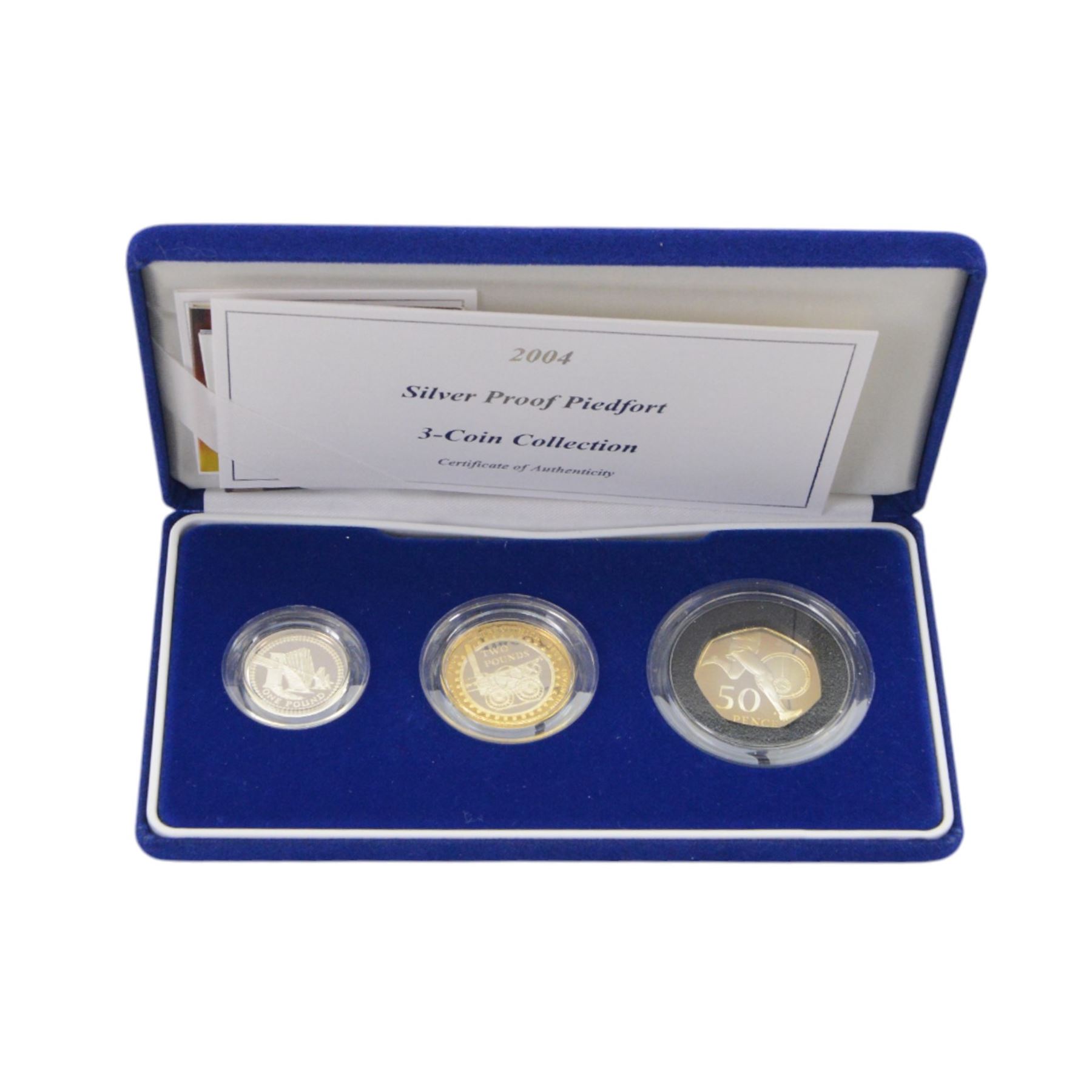 The Royal Mint United Kingdom 2003 and 2004 silver proof piedfort three coin collections, both cased with certificates