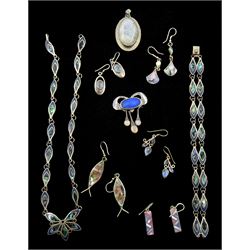 Silver opal doublet and moonstone pendant/brooch, makers mark CM, London 1976, Mexican silver abalone shell fish necklace, bracelet and earrings, silver moonstone pendants, earrings etc (9)