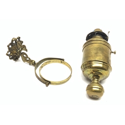 Ship's bulkhead mounting brass oil lamp of drum shaped form, gimbal mounted on dolphin shaped bracket H27cm