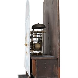 Joseph Scott of Leeds - 8-day oak and mahogany longcase clock c1865, with a swan necked pediment and wooden parterre, break arch hood door flanked by spindle turned pilasters, trunk with reeded quartered columns and a short door with a double spire top, on a deep plinth with crossbanding and raised on bracket feet, painted dial with gold 