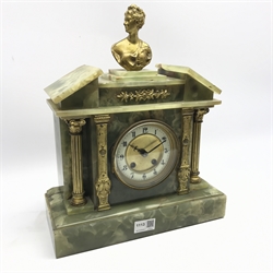 Victorian green onyx mantel clock, sloped arched pediment with gilt metal bust of a woman, decorated with gilt metal Corinthian columns and mounts, twin train movement striking the hours and half on coil, W32cm, H38cm