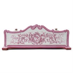 19th Century French enamelled porcelain inkstand, by Gien, in shades of pink and white, with twin inkwells and pen tray, printed marks to base W31cm D16cm