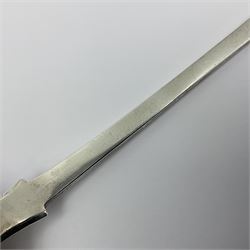 Victorian Newcastle silver Fiddle Shell pattern serving spoon, the terminal engraved with crest of a fist holding an arrow aloft, hallmarked Lister & Sons, Newcastle 1862, L31cm