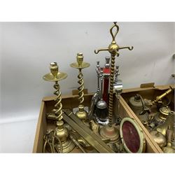 Quantity of brass to include pair of barley twist candlesticks, wall brackets, fire tools, bell, , etc