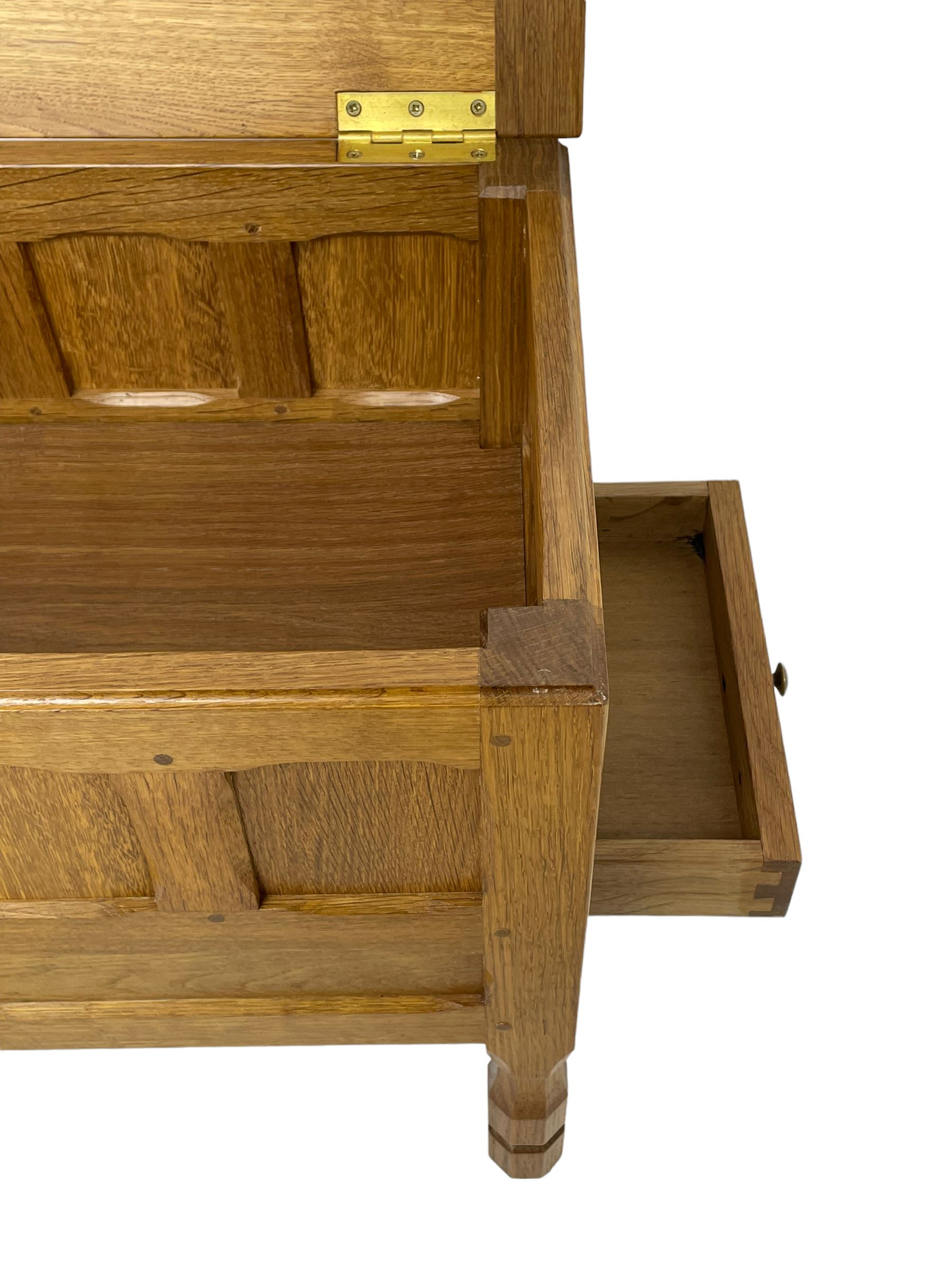 Brian Haw (former Mouseman carver) - Yorkshire oak work or sewing box, hinged lid with panelled sides, fitted with through drawer, on octagonal feet