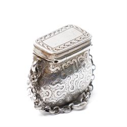 19th century silver vinaigrette modelled as a purse with engraved decoration and hinged grille, marks rubbed, Maker D & Co