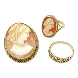 Gold cameo bring and similar brooch and a gold textured design ring, all 9ct stamped or tested