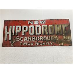 Scarborough Hippodrome enamel advertising  sign, circa 1908, 'New Hippodrome Scarbrough' white writing on a red ground, H100cm, L244cm  
