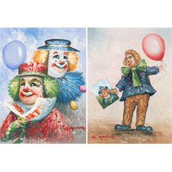 William Moninet (American 1937-1999): Circus Clowns and Clown with a Balloon, pair of oils...
