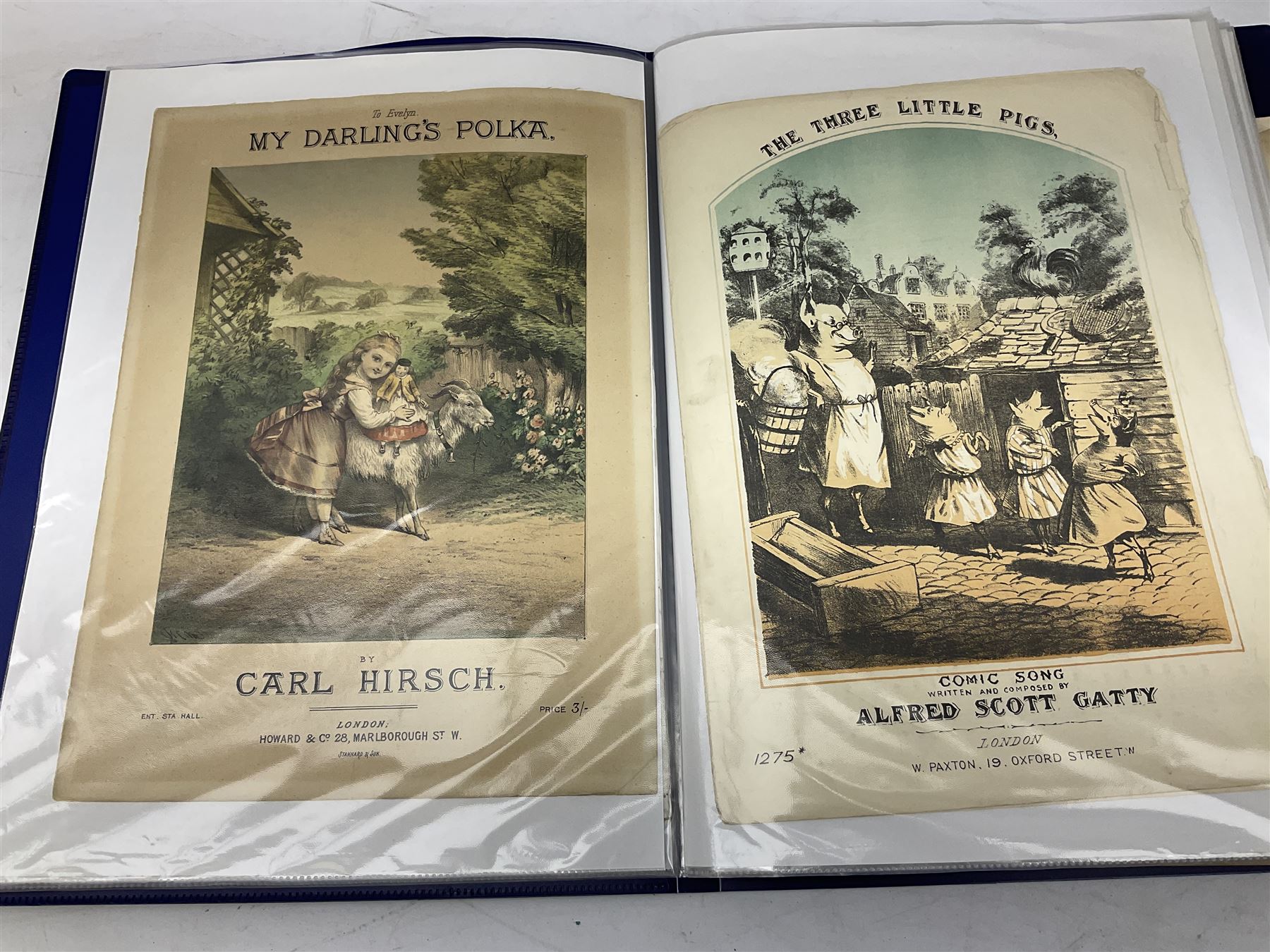 Two albums of Victorian and later sheet music, many with attractive illustrated coloured covers, to include some war and air force related examples to include The Frost Polka, Milk to my Tea, Tour Songs of the Air Service, Silver Wings in the Moonlight, etc, some facsimile