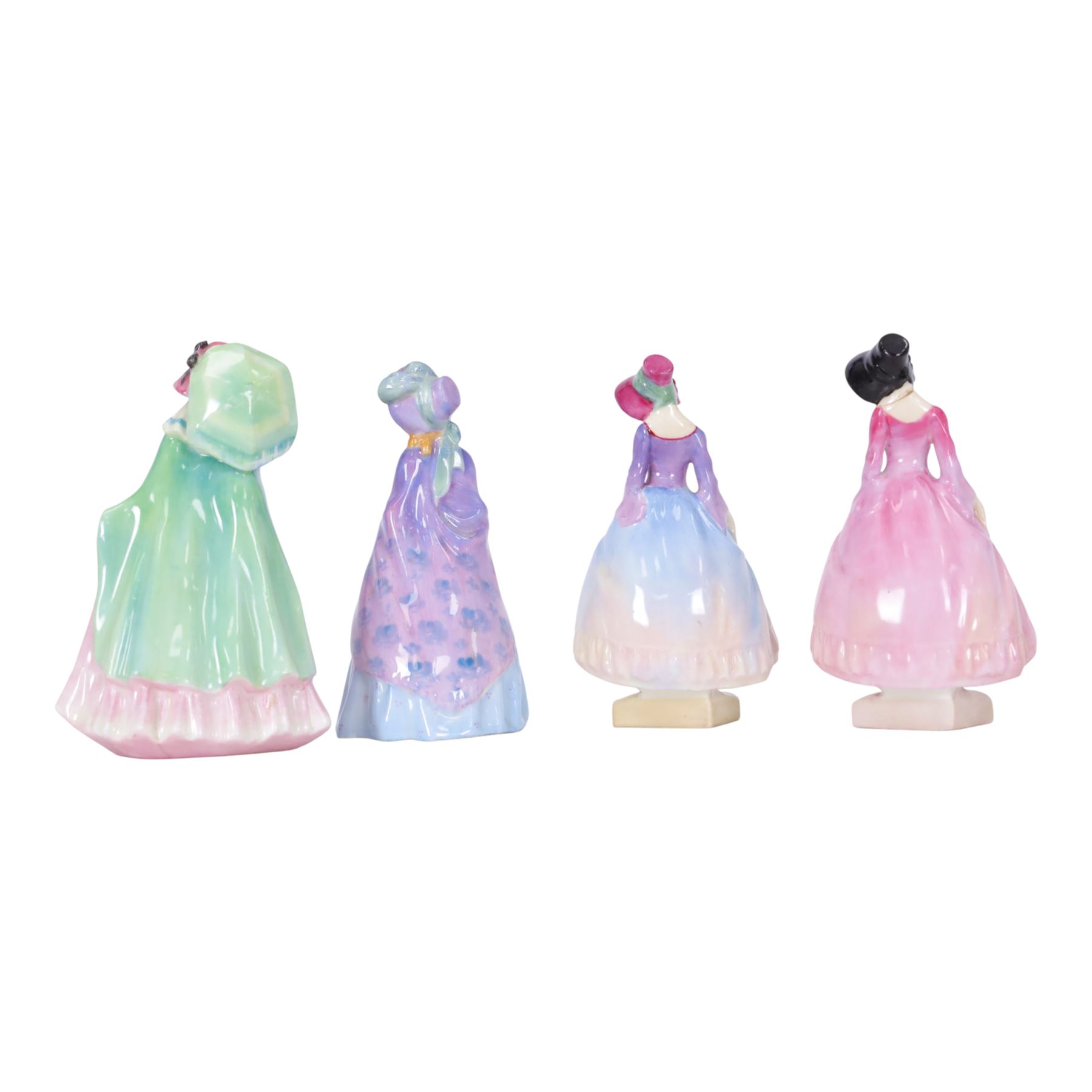Four Royal Doulton miniature figures, comprising Mirabel M68, Pantalettes M15, The Paisley Shawl M3 and Pantalettes M16  