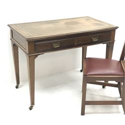 *Maple & Co - Edwardian mahogany writing table, moulded rectangular top inset with leather, two drawers, on square tapering supports with brass castors, with chair, W107cm, H78cm, D61cm