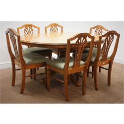  Ducal pine circular extending dining table, moulded top, single turned column on four splayed supports (W113cm, H75cm, D170cm) and set six dining chairs, upholstered seat (7)  