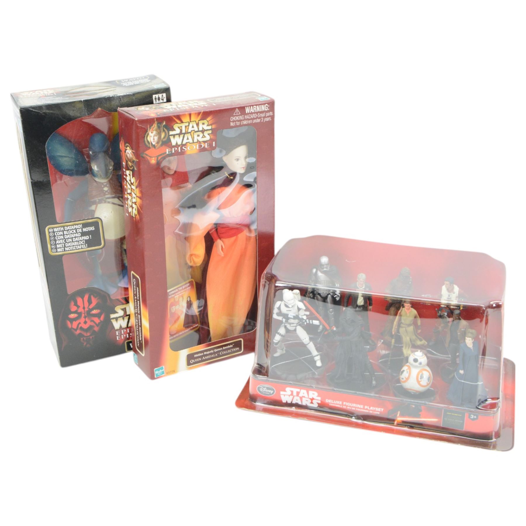 Star Wars figures, mostly Episode I, comprising two Hasbro Queen Amidala Collection dolls, Hasbro Watto figure, four Hasbro Revenge Of The Sith action figures (Obi-Wan Kenobi, Super Battle Droid, Darth Vader and Grevious's Bodyguard), four Applause collectible figures, two Applause The Phantom Menace magic cubes, Applause Darth Maul Mega Collectible, together with Disney Store Star Wars The Force Awakens Deluxe Figurine Playset and Figurine Playset (16)