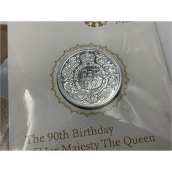 Three The Royal Mint United Kingdom fine silver twenty pound coins, comprising 2014 'Outbreak', 2015 'The Longest Reigning Monarch', 2016 'The 90th Birthday of Her Majesty the Queen', all on cards