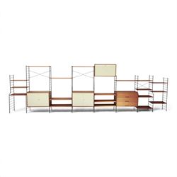 WHB - 'Ladderax' 1960s German modular shelving wall unit, comprising two teak cabinets wit...