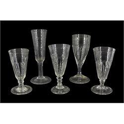 Five 18th century drinking glasses with part fluted bowls, to include a toasting glass or flute engraved 'T E Walton', and an example with triple knopped stem, each upon folded conical feet, tallest H16.5cm