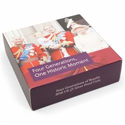 Four The Royal Mint United Kingdom silver proof five pound coins, comprising 2013 'The Christening Of HRH Prince George Of Cambridge', 2013 'The Royal Birth', 2014 'The First Birthday Of HRH Prince George Of Cambridge' and 2018 'Four Generations of Royalty', all cased with certificates