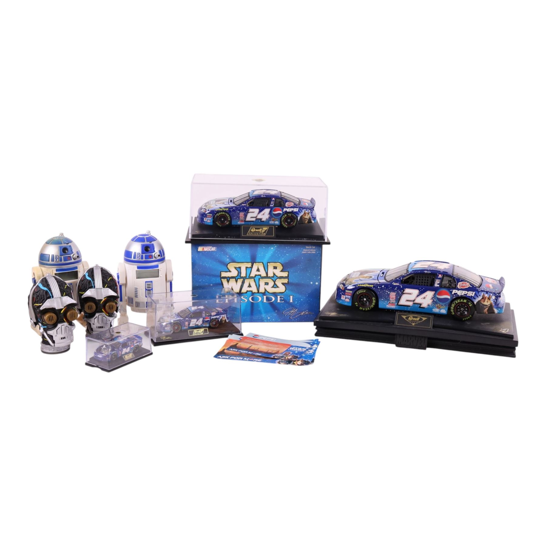 Five Jeff Gordon #24 NASCAR diecast stock car models all with Star Wars Episode I / Pepsi Racing livery, in various scales, including a boxed 1999 limited edition release Action Pedal example and four Revell examples, three with acrylic display cases, together with two Pepsi limited edition Star Wars R2-D2 clocks and two C-3PO electronic heads