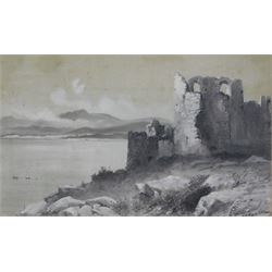 Henry Andrew Harper (British 1835-1900): Ruined Castle on a Lakeside, possibly The Holy Land, sepia watercolour heightened in white signed 18cm x 29cm